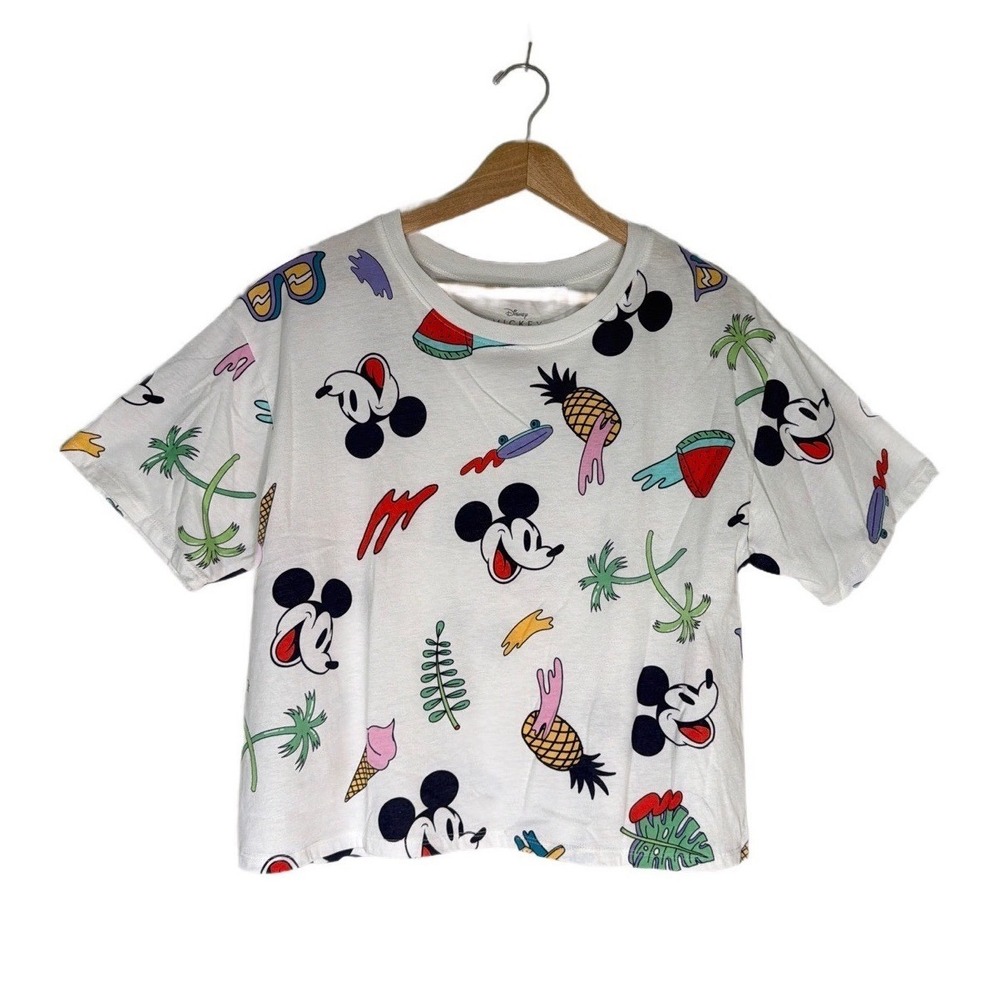 Disney Cotton Blend T-Shirt L White Mickey Mouse Tropical All Over Print Crop